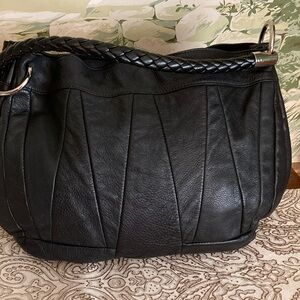 FURLA EUC Black Italian Pebbled Leather Hobo Bag with Braided Handle.